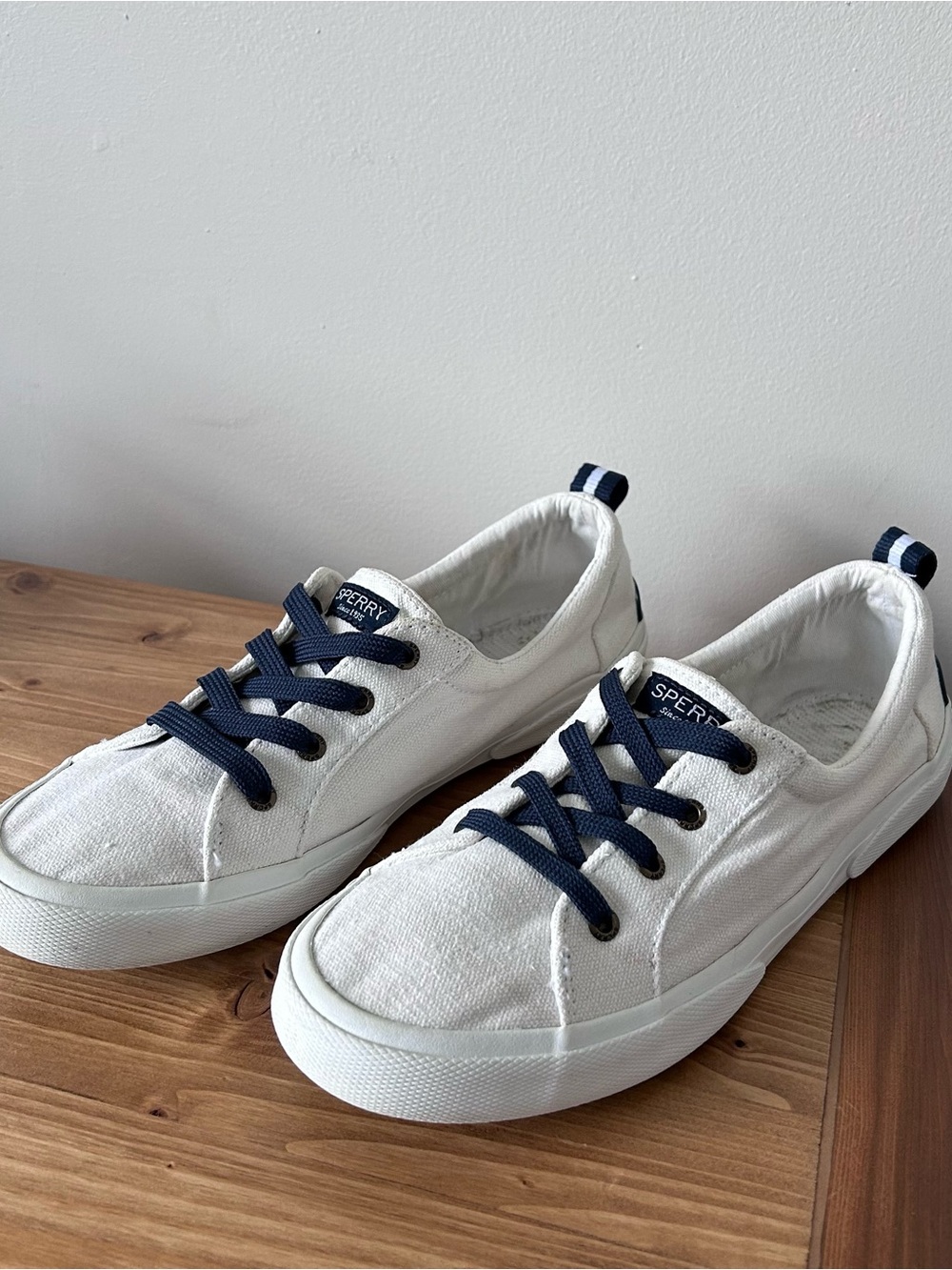 Sperry Women’s White Canvas Sneakers with Navy Accents